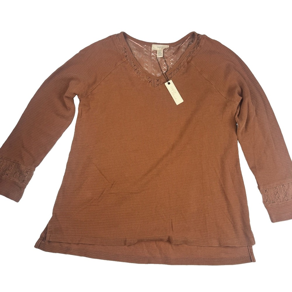 Cupio Blush Womens S Brown Waffle Knit Lace Boho Top NWT Tiny Hole